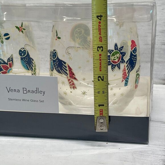NEW Vera Bradley Holiday Owls Stemless Wine Glasses Set of 2 16oz. - Picture 7 of 7